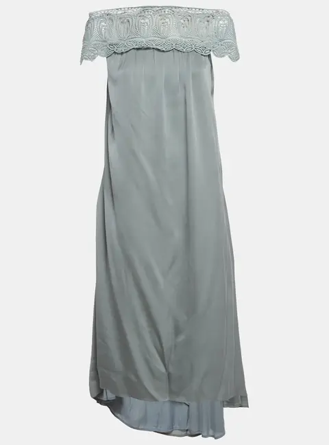 Self-Portrait Blue Lace Trim Crepe Off-Shoulder Long Dress S