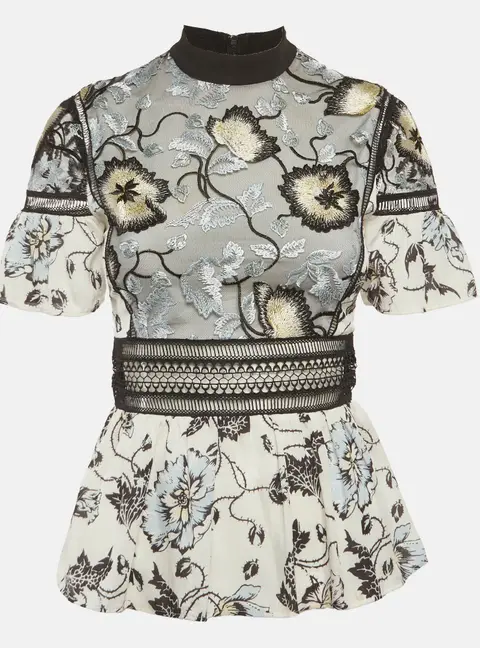 Self-Portrait Multicolor Crepe Floral Embroidered Ruffle Top S