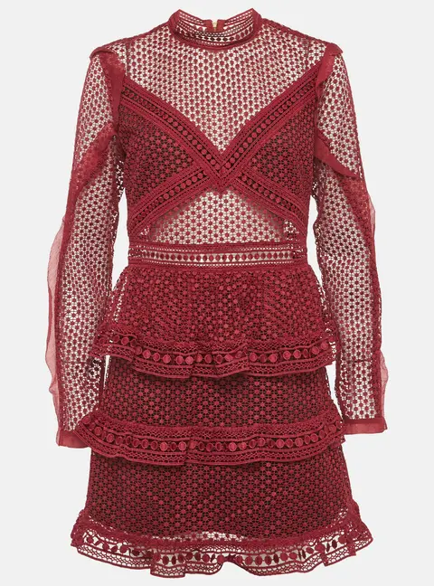Self-Portrait Burgundy Guipure Lace Tiered Mini Dress L