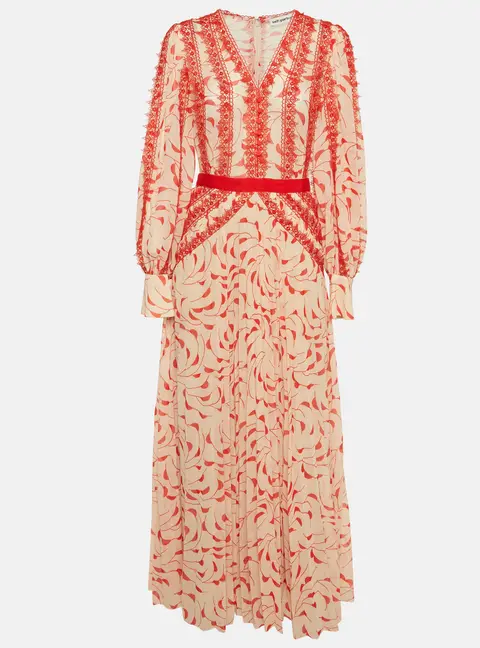 Self-Portrait Cream/Red Printed Chiffon Guipure Lace Trim plisse Dress M