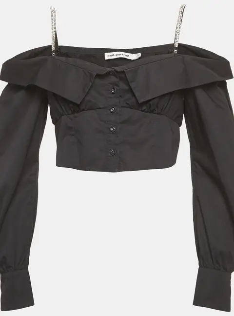 Self-Portrait Black Cotton Embellished Off Shoulder Crop Top M