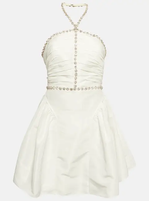 Self-Portrait White Taffeta Diamante Trim Mini Dress M