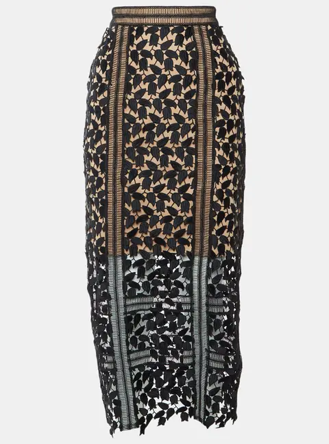Self-Portrait Black/Beige Arabella Guipure Lace Midi Skirt S