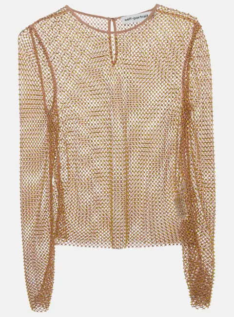Self-Portrait Tan Rhinestone Detail Hotfix Fishnet Top M