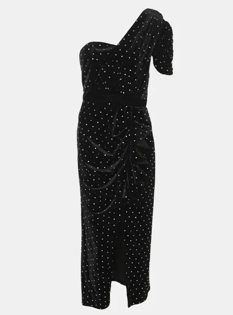 Self-Portrait Black Velvet Crystal Embellished One Shoulder Midi Dress S