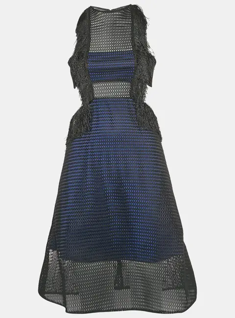 Self-Portrait Navy Blue/Black Neoprene Flared Fringed Mini Dress S