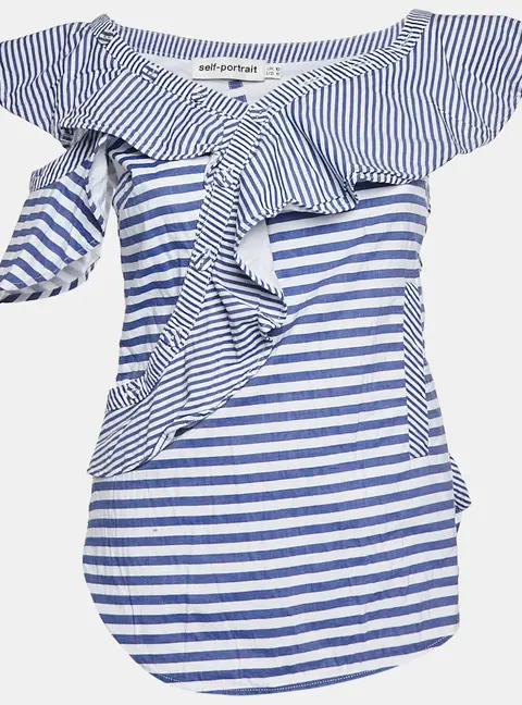 Self-Portrait White/Blue Striped Cotton Frilled Sleeveless Top M