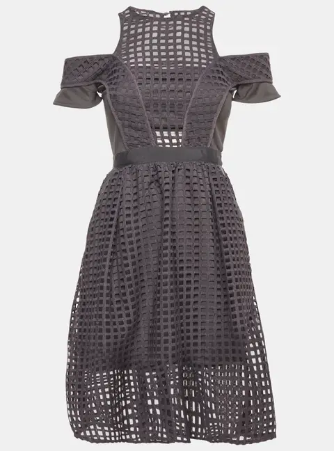 Self-Portrait Grey Grid Lace and Knit Knee Length Dress S