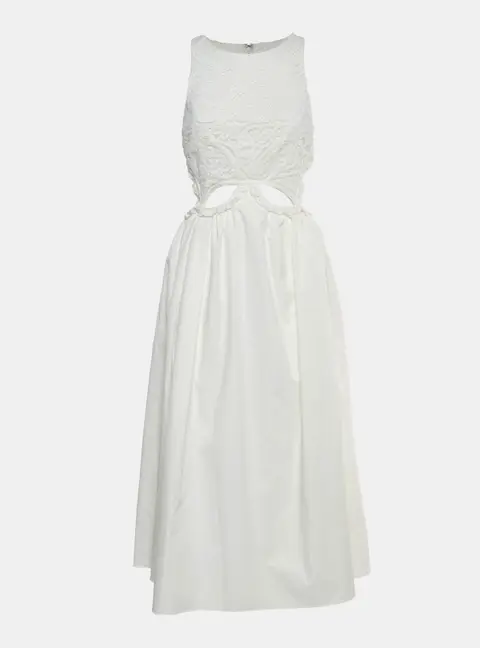 Self-Portrait White Cotton and Guipure Lace Cut Out Midi Dress S
