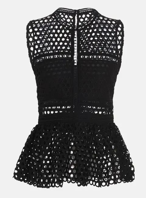 Self-Portrait Black Lace Sheer Guipure Peplum Top L
