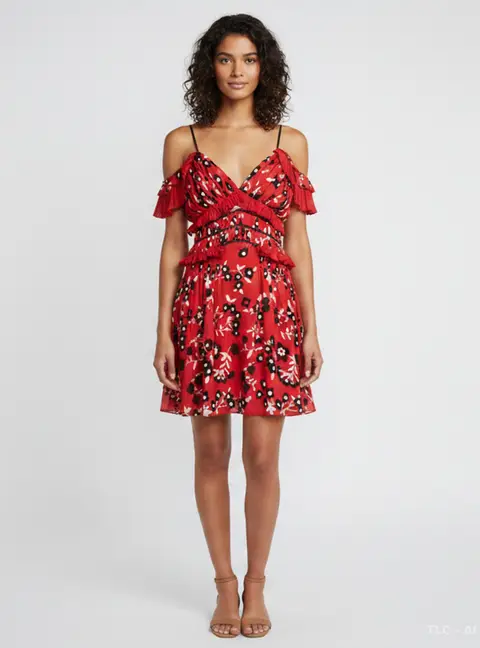 Self-Portrait Red Floral Print Crepe Ruffled Mini Dress M