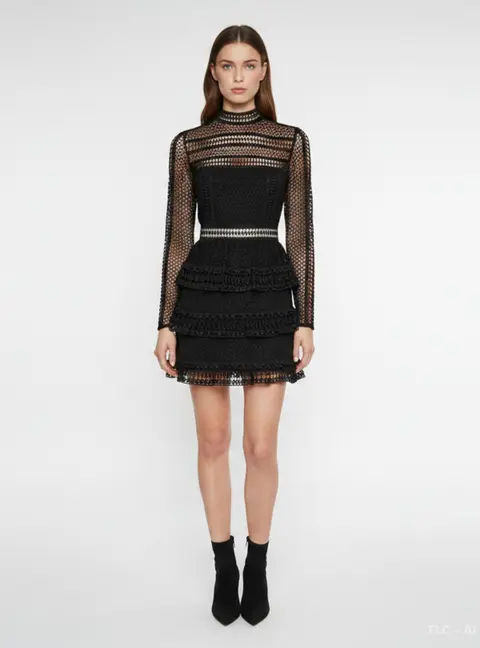 Self-Portrait Black Guipure Lace Sheer Mock-Neck Mini Dress S