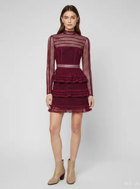 Self-Portrait Burgundy Guipure Lace Sheer Ruffle Mini Dress S