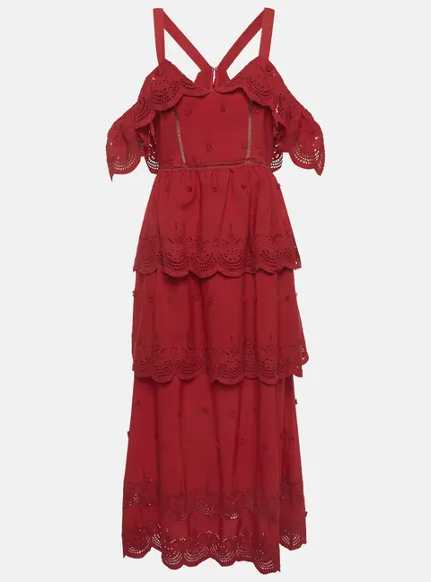 Self-Portrait Red Lace Tiered Off-Shoulder Midi Dress M