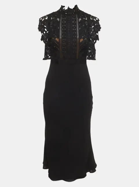 Self-Portrait Black Lace and Crepe Midi Dress M