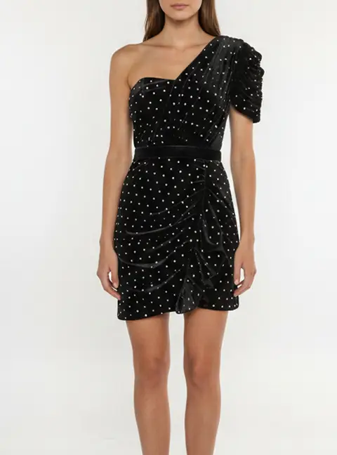Self-Portrait Black Embellished Velvet One Shoulder Mini Dress S