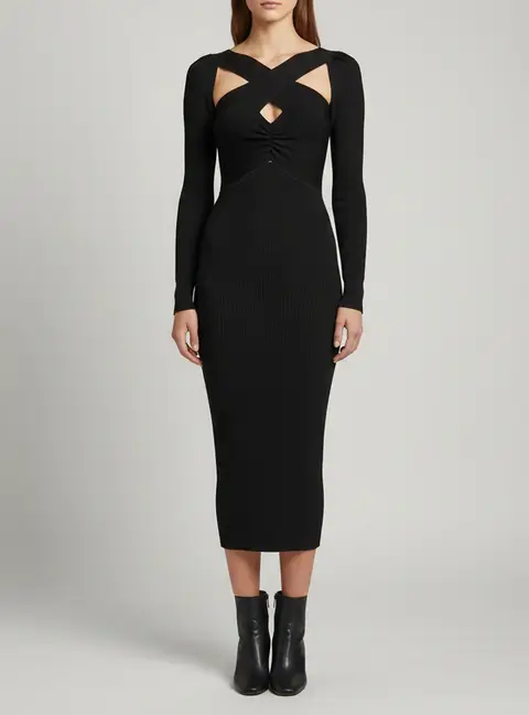 Self-Portrait Black Ruched Rib Knit Bodycon Midi Dress S