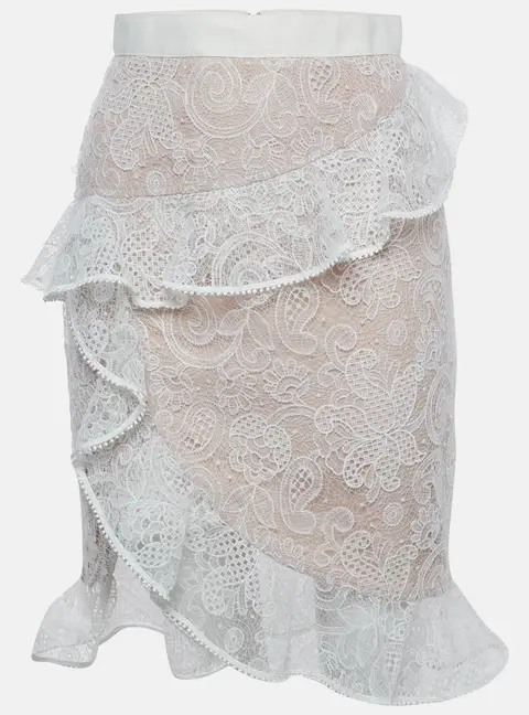 Self-Portrait White Floral Lace Ruffled Asymmetric Midi Skirt S