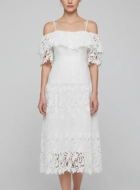 Self-Portrait White Guipure Lace Off-Shoulder Lily Midi Dress S