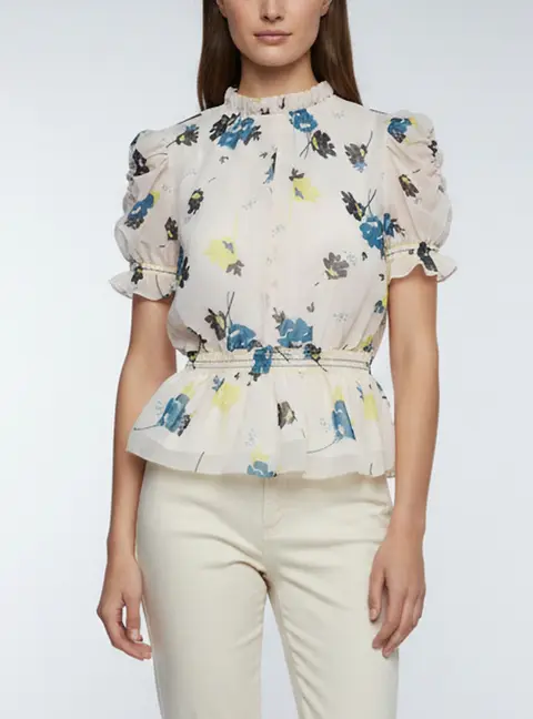 Self-Portrait Cream Floral Print Chiffon Peplum Blouse M