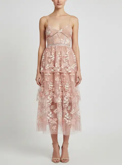 Self-Portrait Pink Tulle Floral Embellished Tiered Midi Dress S