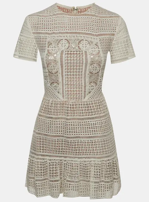 Self-Portrait White Patchwork Guipure Lace Short Sleeve Mini Dress S