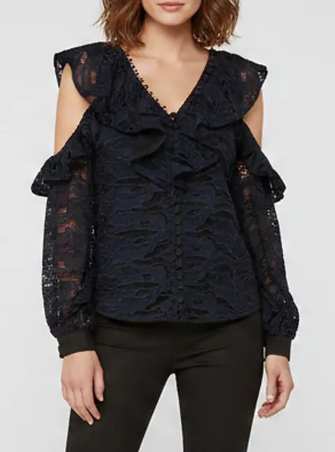Self-Portrait Navy Blue Guipure Lace Ruffled V-Neck Blouse M