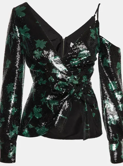 Self-Portrait Black/Green Leaf Sequined Asymmetrical Wrap Top S