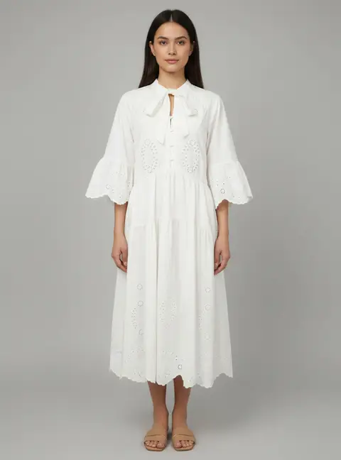 Self-Portrait White Broiderie Cotton Midi Dress S
