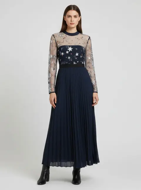 Self-Portrait Navy Blue Mesh and Crepe Star Embellished Maxi Dress M