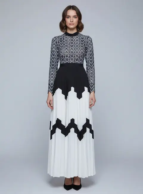 Self Portrait Multicolor Crepe and Lace Long Sleeve Maxi Dress S