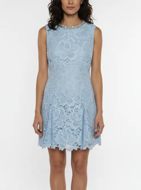 Self-Portrait Blue Crystal Embellished Floral Lace Mini Dress M