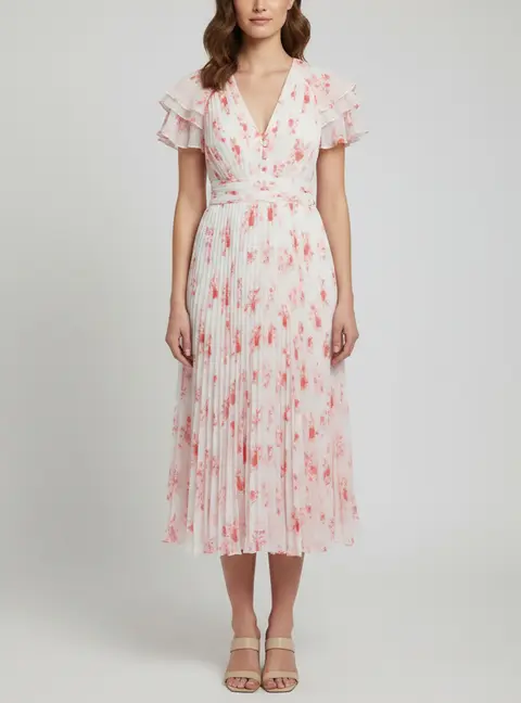 Self-Portrait Pink Chiffon Pleated Floral Print Midi Dress S