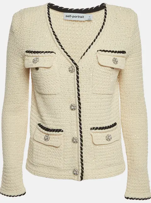 Self-Portrait Cream Sequin Embellished Knit Cardigan M