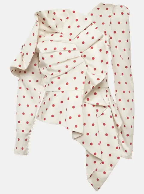 Self-Portrait Off White Polka Dot Print Satin Draped One Shoulder Top M