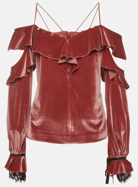 Self-Portrait Pink Velvet Ruffled Off Shoulder Top M