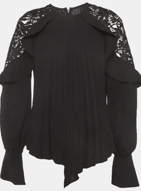 Self-Portrait Black Crepe Lace Asymmetric Pleated Blouse S
