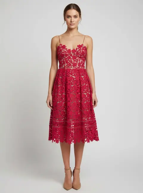 Self-Portrait Pink Floral Guipure Lace Strappy Midi Dress S