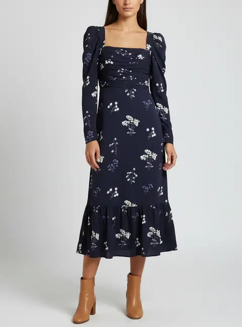 Self-Portrait Navy Vintage Floral Print Crepe Fit and Flared Midi Dress M