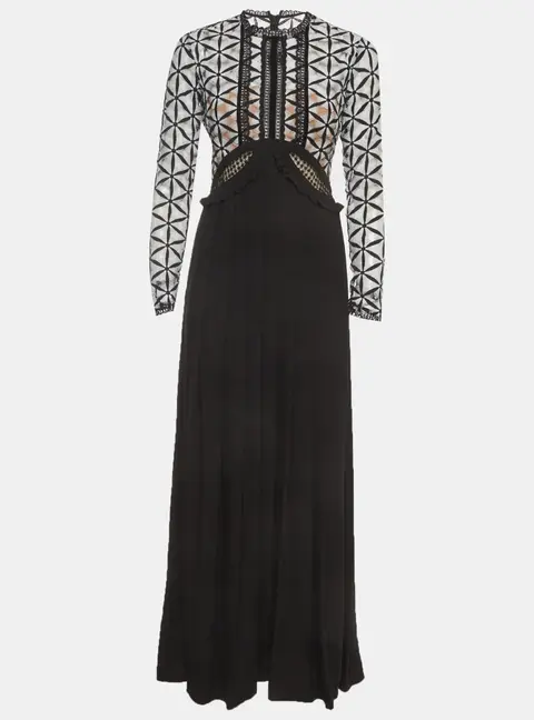 Self-Portrait Monochrome Guipure Lace and Crepe Pleated Maxi Dress S