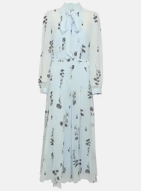 Self-Portrait Blue Printed Chiffon Bow Tie Midi Dress S