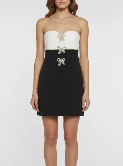 Self-Portrait White/ Black Crepe Bow Strapless Mini Dress S