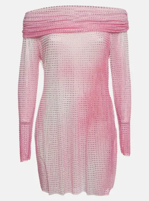 Self-Portrait Pink Rhinestone Embellished Mesh Knit Mini Dress L