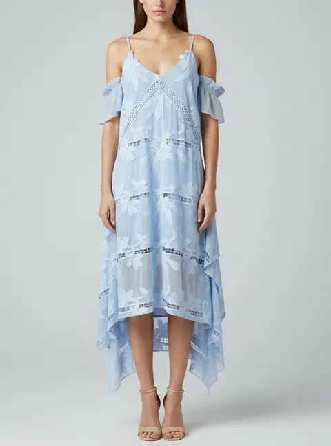 Self Portrait Lilac Blue Guipure Lace Cold Shoulder Midi Dress L