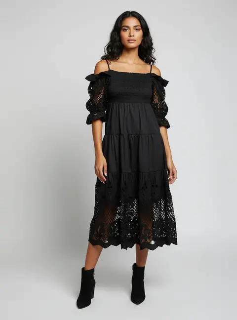 Self-Portrait Black Floral Lattice Embroidered Cotton Midi Dress L