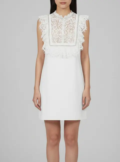 Self-Portrait White Crepe Lace Trim Ruffled Mini Dress M