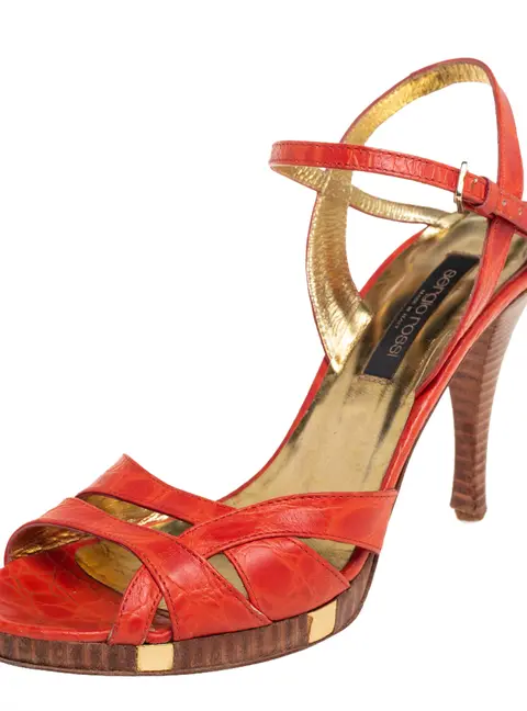 Sergio Rossi Orange Croc Embossed Leather Ankle Strap Sandals Size 37.5