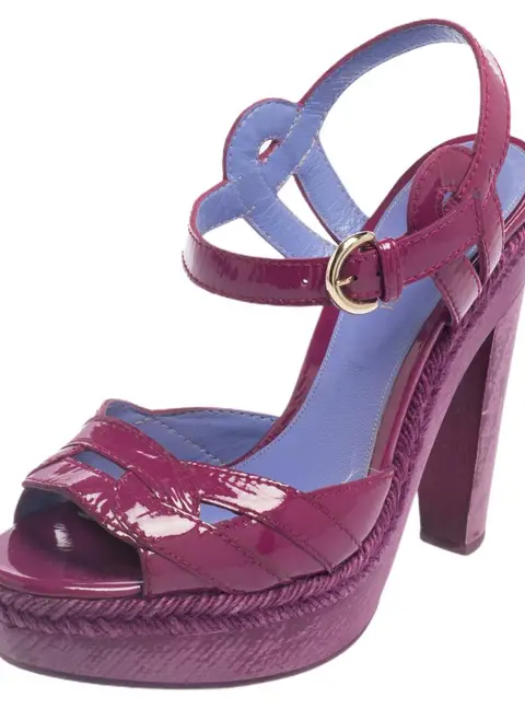 Sergio Rossi Purple Patent Leather Wooden Platform And Heel Ankle Strap Sandals Size 36