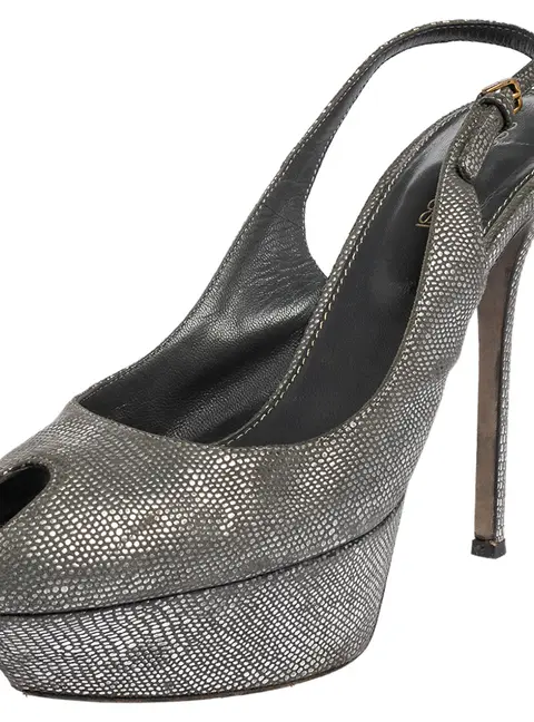 Sergio Rossi Grey/Silver Suede Cachet Peep Toe Platform Slingback Sandals Size 37.5