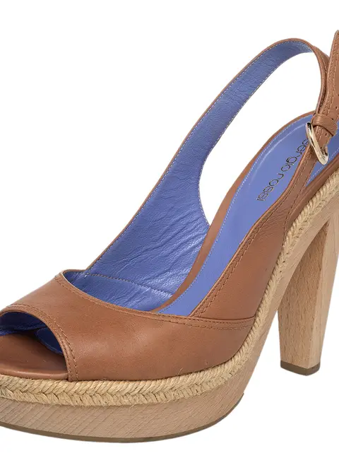 Sergio Rossi Brown Leather Platform Espadrille Slingback Sandals Size 39.5